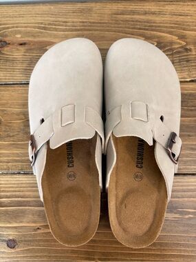 Cushionaire Women's Cream Slip-On Clogs with Adjustable Buckle
